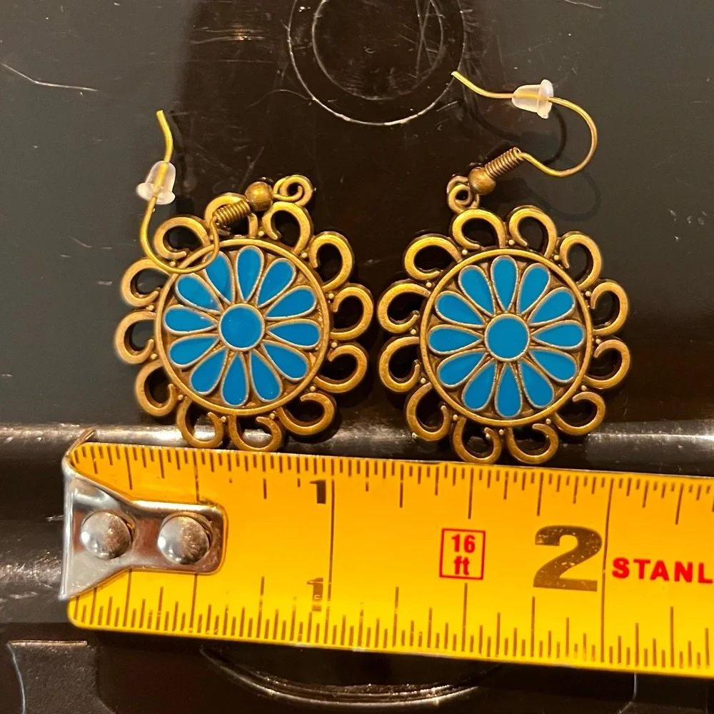 Turquoise Blue Enamel Flower Earrings Antique Gold Tone Boho